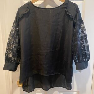 Black Tape_ Sheer Black Blouse with Lace Sleeves